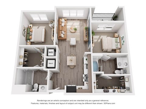Floor plan for 2 beds, 2 baths, 1080 sqft